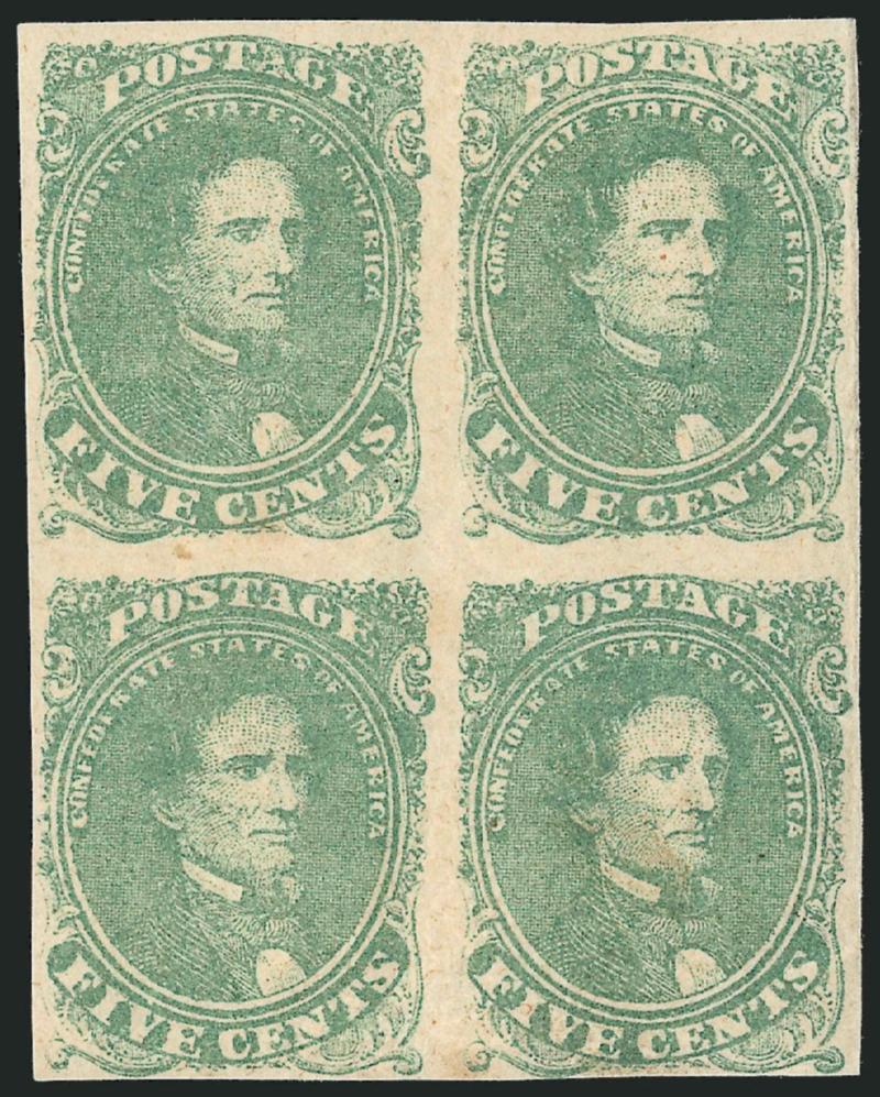 5c Light Green, Stone 1 (1a).> Positions 24-2534-35, block of four, virtually full original gum, clear to large margins, vivid color, Fine-Very Fine, quite attractive
