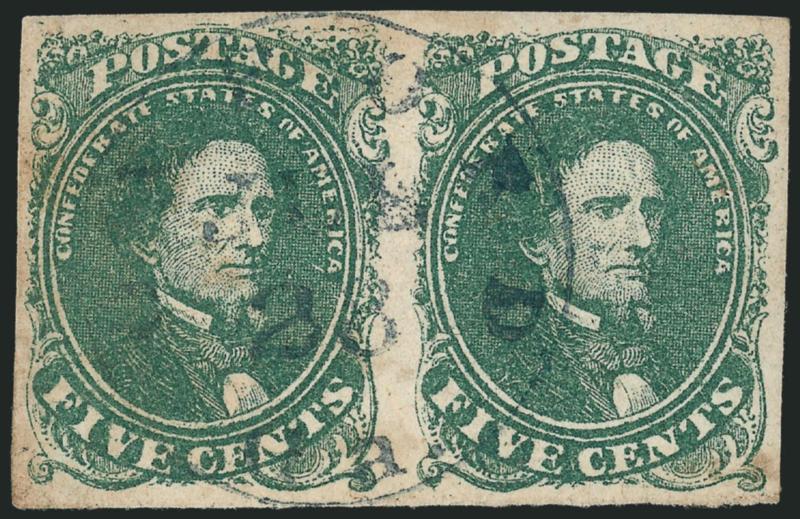 5c Green, Olive Green (1).> Horizontal pairs, New Orleans and blue Georgia town circular datestamps, Fine-Very Fine