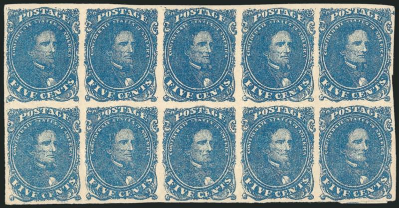 5c Blue, Stone 2 (4).> Positions 36-4046-50, horizontal block of ten, original gum, partly Mint N.H., margins all around, several fairly light gum creases, otherwise Very Fine-Extremely Fine, a lovely General
Issue multiple, ex John Hill