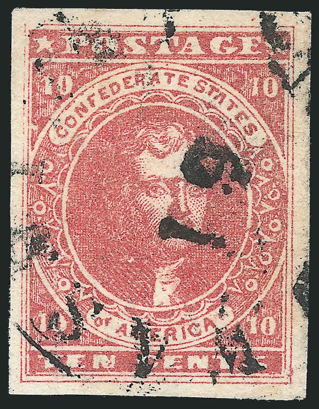 10c Carmine (5a).> Large to huge margins, intense color, black circular datestamp, very trivial faint thin in extreme right margin clear of design, Extremely Fine appearance, a very scarce and seldom-offered
shade variety