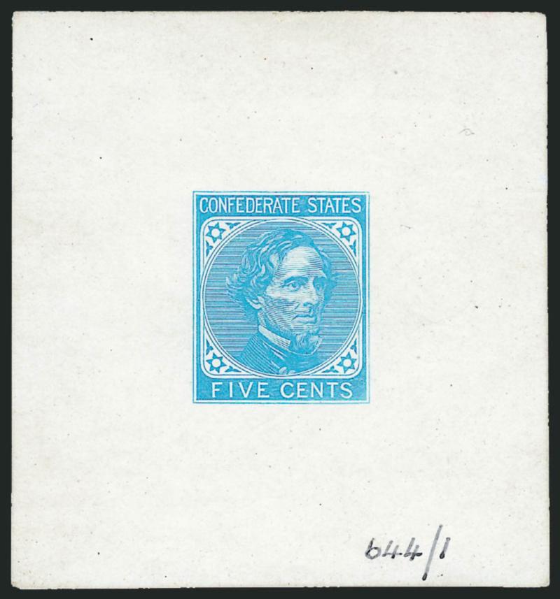 5c Light Blue, Die Proof on Glazed Card (6P1).> 57 x 61mm, fresh and bright, numbered 6441 in ms. at bottom right, <endorsed on back by S. L. Newman, typographer for De La Rue,> also there is some paste
residue on back covering some inscription, V