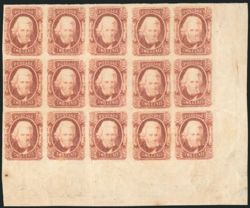2c Brown Red (8).> Block of 15 with bottom right sheet corner margins, original gum, twelve Mint N.H., some light creases, otherwise Very Fine
