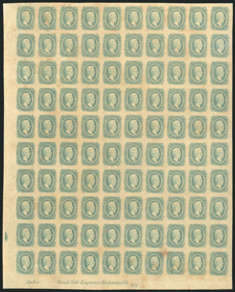10c Greenish Blue, Die A (11c).> Pane of 100 with Archer  Bank Note Engravers, Richmond Va. No. 1 imprint at bottom left, huge margins, virtually all Mint N.H., usual light natural gum bends, few toned spots,
otherwise Very Fine, Scott Retail as si