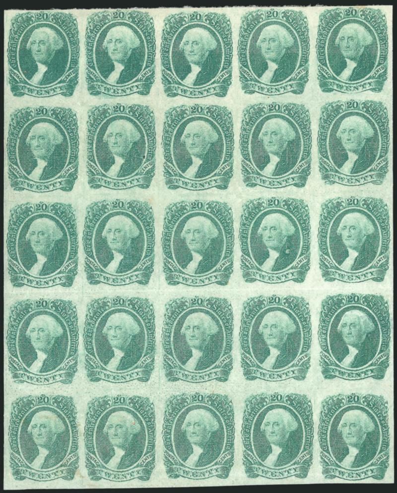 20c Green (13).> Block of 25, original gum, many Mint N.H., fresh color, crease between third and fourth rows, pos. 20 thin spot, virtually all Very Fine-Extremely Fine