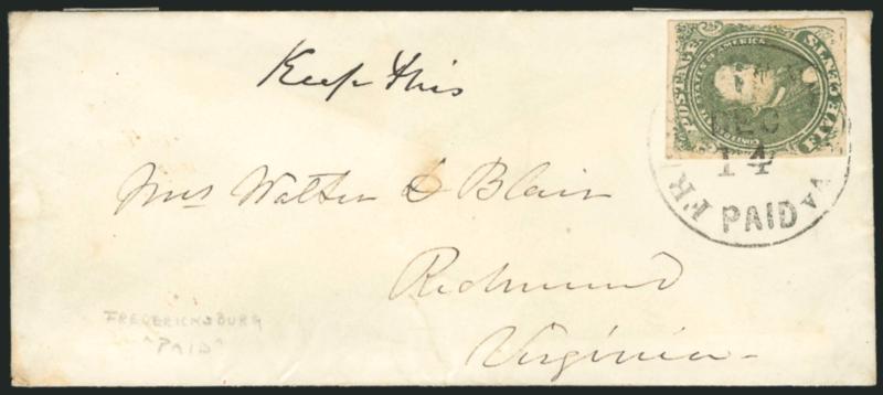 5c Olive Green, Stone 1 (1c).> Full to large margins, tied by Fredericksburg Va. Paid Dec. 14 (1861) circular datestamp on small narrow cover to Richmond Va., embossing on flap, fresh and Extremely Fine, ex
Hall