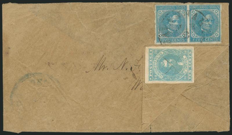10c Blue, Paterson (2).> Large margins, cancelled by ms. X and used inside <turned> cover to Savannah Ga., outside with pair of 5c Blue, Local (7) tied by Savannah circular datestamp to Wartherss Store Ga.,
opened for display, Very Fine