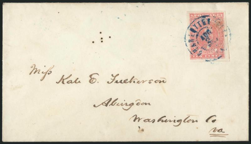 10c Rose (5).> Huge margins to clear incl. part of adjoining stamp at right, <double transfer> in top and bottom framelines, brilliant color, tied by <blue> Charlottesville Va. Aug. 2, 1862 double-circle
datestamp on cover to Abingdon Va., fresh an