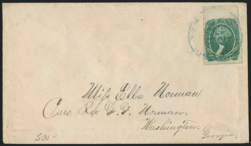 20c Green (13).> Huge margins to just in incl. <sheet margin> at top, tied by light strike of <blue> circular datestamp on cover to Washington Geo., slightly reduced at right, small toned spot at center of
stamp, otherwise Fine, with 1945 R.P.S. cert
