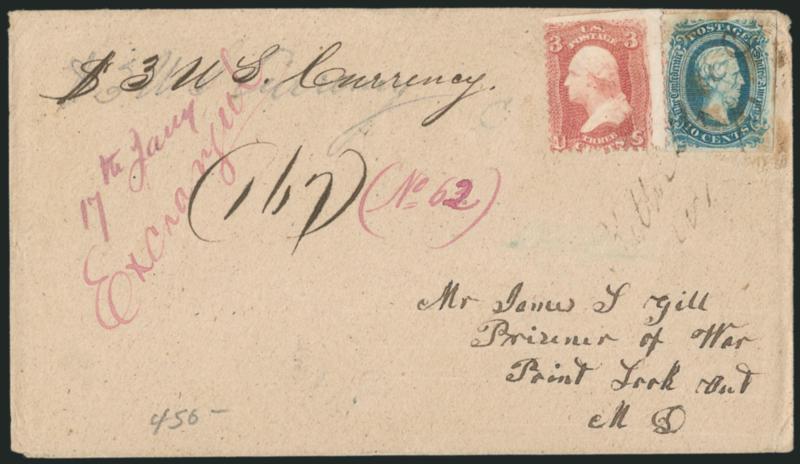10c Blue, Die A (11).> Tied by indistinct N.C. manuscript postmark and used with <U.S. 3c Rose (65)> on cover addressed to a prisoner at Point Lookout Md., ms. <<$3 U.S. Currency>> at top left, stamps with
light creasing, Fine