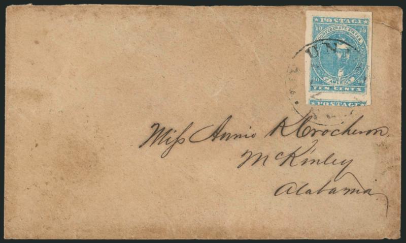 Confederate States General Issues on Cover.> 29 covers on album pages, including Nos. 1 (3), 2 (5), 4 (2), 6 (4, incl. three pairs and one on turned cover with No. 11), 7 (three pairs incl. one on turned cover
with No. 11), 11 (3), 11c with Jumbo mar
