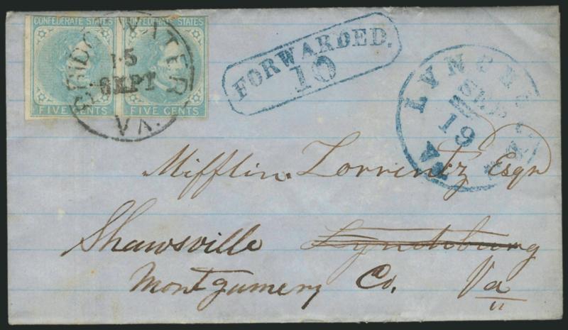 5c Light Blue, De La Rue (6).> Horizontal pair, margins to in at top, tied by Bridgewater Va. 15 Sept. circular datestamp on 1862 folded letter to Lynchburg and <forwarded> to Shawsville Va. with choice strike
of blue <^FORWARDED. 10^> in octagon