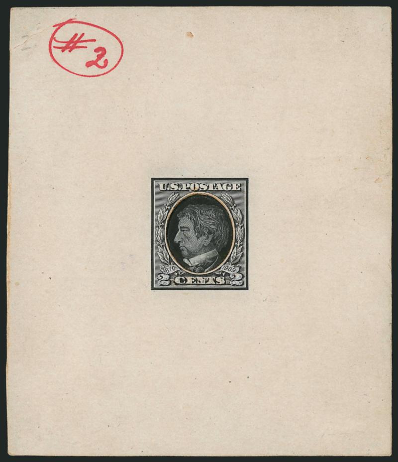 2c Alaska-Yukon, Model Essay (370-E2).> 75 x 89mm card with black-and-white ink wash frame (as on 1909 2c Lincoln) with William Seward engraved portrait inset (this is a die proof of a Snuff Stamp vignette),
red pen 2 in circle at top left, the ch