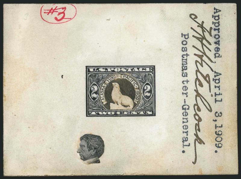 2c Alaska-Yukon, Model Essay (370-E3).> 93 x 70mm, with photo of seal on iceberg as originally approved and with hand-drawn frame as approved, engraved portrait of Seward at bottom, red 3 in circle at upper
left, typed Approved, April 3, 1909, Po