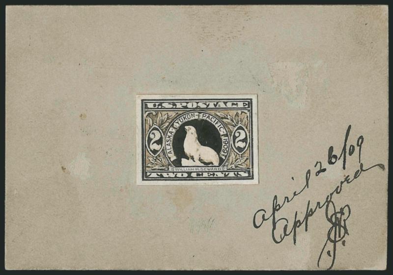 2c Alaska-Yukon, Model Essay (370-E5).> 94 x 65mm card with close to adopted frame and seal on iceberg vignette, <William H. Seward name added below seal in compliance with directive from the PMG but on a
rejected design,> April 2609 Approved J.E