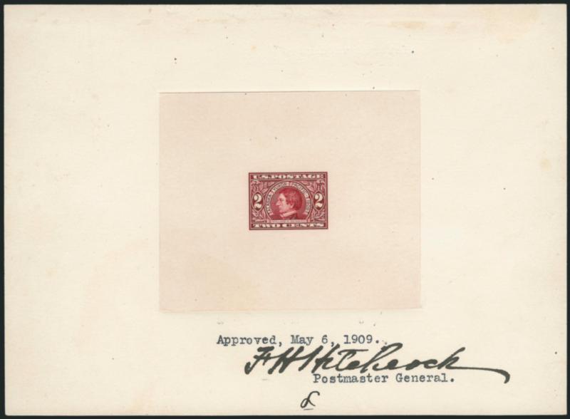 2c Alaska-Yukon, Large Die Proof on India (370P1).> Die sunk on 192 x 132mm card, typewritten Approved, May 6, 1909 and signed by F.H. Hitchcock, Postmaster General, Extremely Fine, unique, ex Lilly