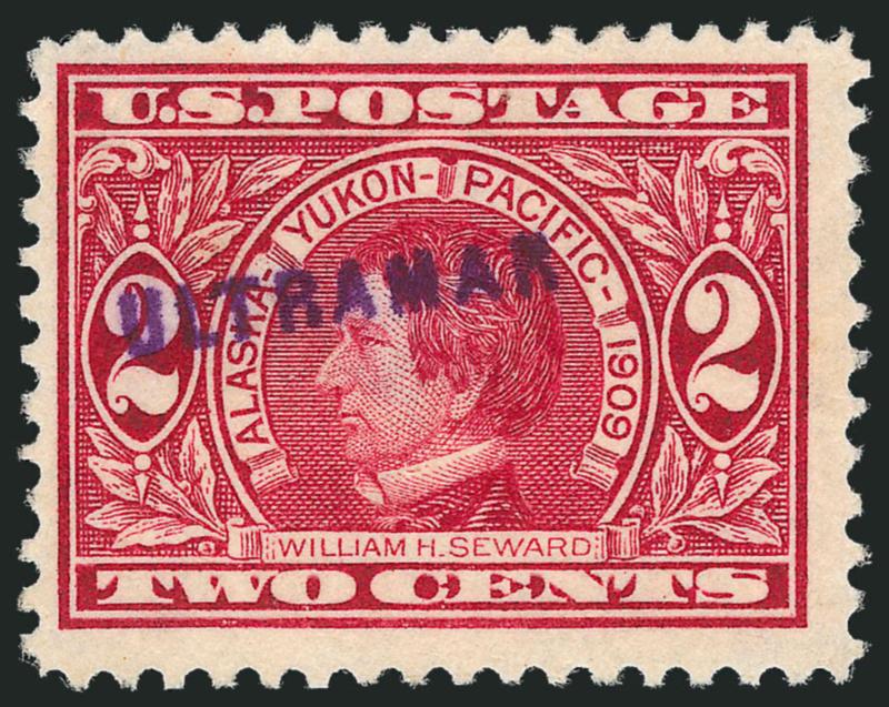 2c Alaska-Yukon, Ultramar (Overseas) Specimen Ovpt. (370S).> Purple handstamp applied by Portuguese Postal Authorities upon receipt from U.P.U. headquarters in Berne, Switzerland for distribution to their
Colonial Post Offices, no gum, shallow thin