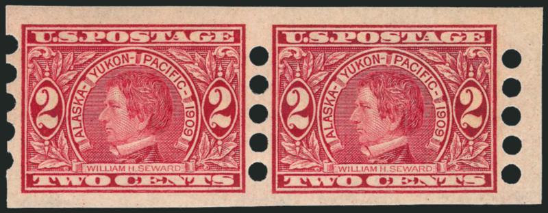2c Alaska-Yukon, Imperforate, Mailometer Ty. I, IV Private Vending Machine Perforations (371).> Pairs, latter Mint N.H., beautifully centered, Extremely Fine, Scott Retail as hinged