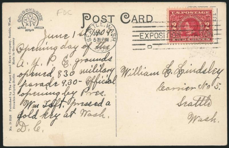 2c Alaska-Yukon (370).> Choice centering, tied by <Cambridge Mass. Jun., 1, 1909 First Day> cancel on locally-addressed cover, cover with few toned spots, otherwise Very Fine, scarce, with 1998 P.F.
certificate