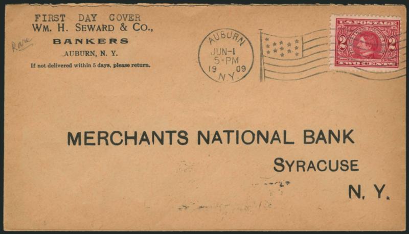2c Alaska-Yukon (370).> Tied by <Auburn N.Y. Jun-1 1909 5-PM First Day> waving-flag machine cancel on cover with printed address to Syracuse N.Y., receiving backstamp, Fine and desirable commercial First Day
usage
