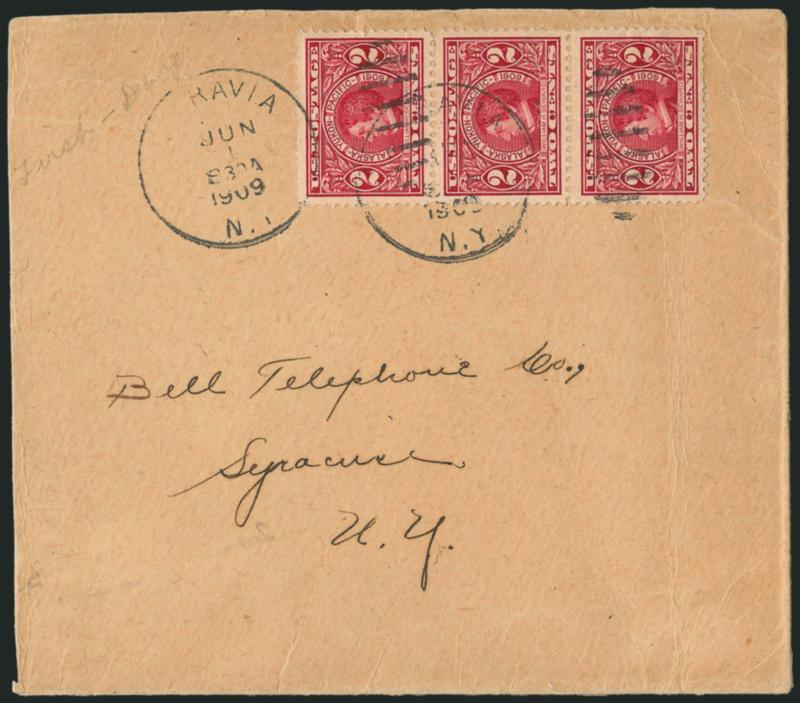2c Alaska-Yukon (370).> Vertical strip of three, tied by <Moravia N.Y. Jun. 1, 1909 8:30AM First Day> duplex cancels on large part of cover to Syracuse N.Y., missing top flap, some wear, still Very Fine,
scarce, one of only five reported multiples