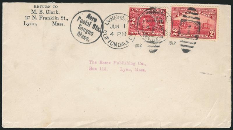 2c Alaska-Yukon (370).> Used with 2c Hudson-Fulton (372), tied by Lynn, Mass. Cliftondale Br. Jun. 1, 1912 4PM duplex cancels on flown pioneer flight cover (AAMC 29a) to Lynn Mass., well-struck Aero Postal
Sta. Saugus Mass, circular handstamp cac