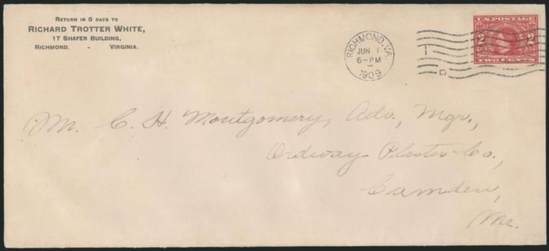 2c Alaska-Yukon, Imperforate (371).> Large margins, tied by <Richmond Va., Jun. 7, 1909 6-PM> machine cancel on legal-size cover to Camden Me., receiving backstamp, fresh and Very Fine, this is the <earliest
documented use> of the 2c Alaska-Yukon i