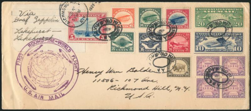 6c-24c 1918-23 Air Post (C1-C6).> Singles, used with Nos. C9-C11, 569 and 570, tied by Richmond Hill N.Y. oval handstamps on Zeppelin flight cover addressed to Richmond Hill, purple First Round-the-World U.S.
Air Mail cachet, <<Via Graf Zeppelin