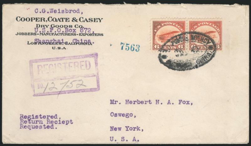 6c Orange, 16c Green, 1918 Air Post (C1-C2).> Two registered covers, first is horizontal pair (natural s.e. right), latter single, all tied by Postal Agency Shanghai China double ovals (blurry strikes as
usually seen), C1 with nice corner card, C2 wi