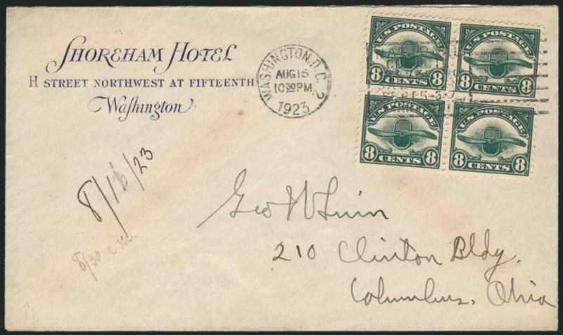 8c Dark Green, 1923 Air Post (C4).> Two, block of four and single respectively, both tied by Washington, D.C. Aug. 15, 1923 machine cancel on <First Day> covers to Columbus O. and Washington D.C., first with
Shoreham Hotel corner card and addressed