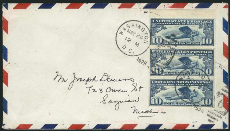 10c Lindbergh, Booklet Pane (C10a).> Tied by Washington D.C. May 26, 1928 duplex cancels on <First Day> cover to Saginaw Mich., fresh and Very Fine