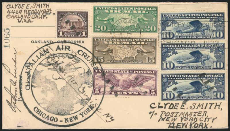 General Balbo Italian Squadron Flight, Chicago to New York Leg.> Cover franked with $1.00 No. 571 and Air Post C8-C9, C12 and <C10a Booklet Pane,> all tied by Chicago Ill Jul. 18 1933 Century of Progress
advertising machine cancel, grids of short b
