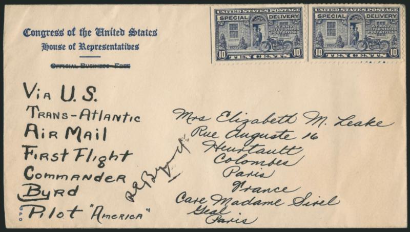1927, June 27 -- Byrd Transatlantic Flight (AAMC 1060).> Congressional corner card cover to Paris, France, with original enclosure, Official Business-Free crossed out and with two <10c Special Delivery (E12)>
affixed over the M.C. part of free fr