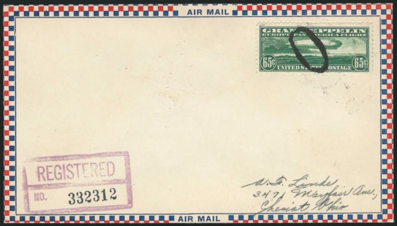 65c-$2.60 Graf Zeppelin (C13-C15).> Set of three A. C. Roessler airmail covers, each with stamp tied by mute oval cancel and purple Washington D.C. Apr. 19, 1930 <First Day> registry backstamp<><>^VERY FINE
AND SELDOM-SEEN PREMIUM SET OF GRAF ZEPPE
