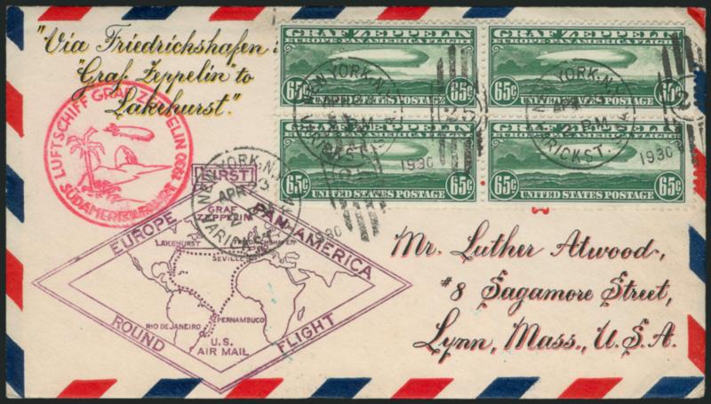 65c Graf Zeppelin (C13).> Block of four, well-centered, tied by New York, N.Y. Varick St. Sta. Apr. 23, 1930 oval grid duplex cancels on neat red and blue bordered air mail cacheted flight cover, the routing
instructions and address are artistically