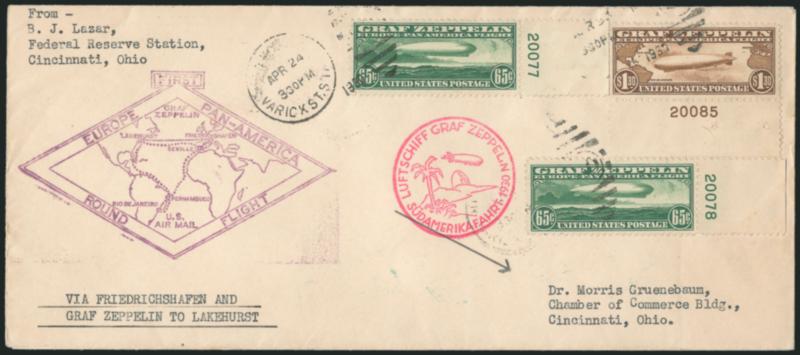 65c, $1.30 Graf Zeppelin (C13-C14).> Two of former one of latter, <all plate no. singles> (65c right 20077 and right 20078, $1.30 bottom 20085), lightly tied by New York Varick St. Sta. Apr. 24, 1930 grid
duplex cancels on legal-size flown cacheted c