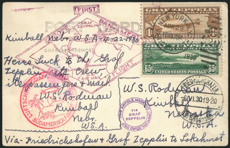 65c, $1.30 Graf Zeppelin (C13-C14).> Used together, tied by New York, Friedrichshafen circular datestamps on purple diamond cachet <round-trip card,> Fine-Very Fine, only 461 covers or cards made the complete
round trip