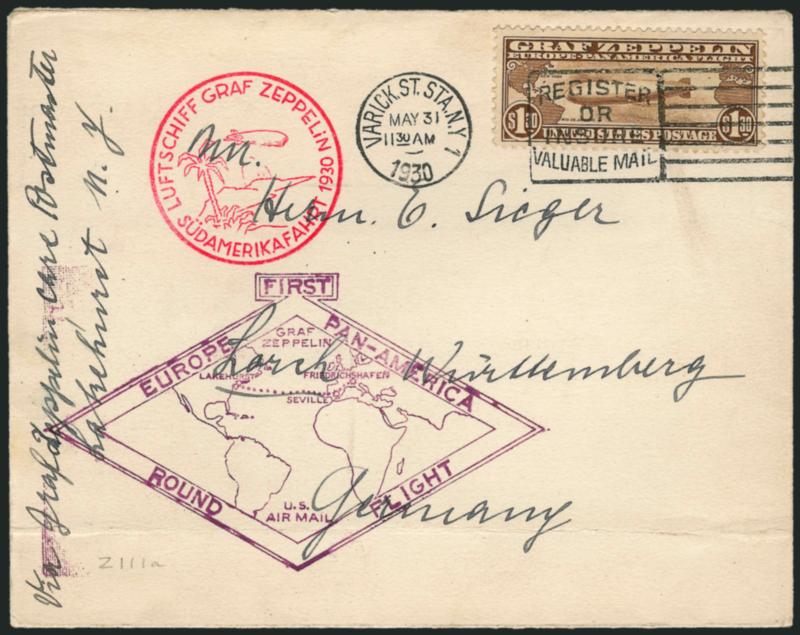 65c, $1.30 Graf Zeppelin (C13-C14).> Tied on flown cacheted card and cover, latter minor cover filing crease at bottom, far from stamp, Very Fine