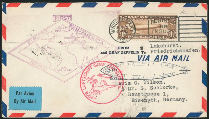 $1.30 Graf Zeppelin (C14).> Tied by Varick St. Sta. N.Y. Jun. 2, 1930 slogan machine cancel on flown cacheted cover from Lakehurst N.J. to Friedrichshafen, Germany, cover with red and blue border and unusual
privately printed LZ-127 Zeppelin illu