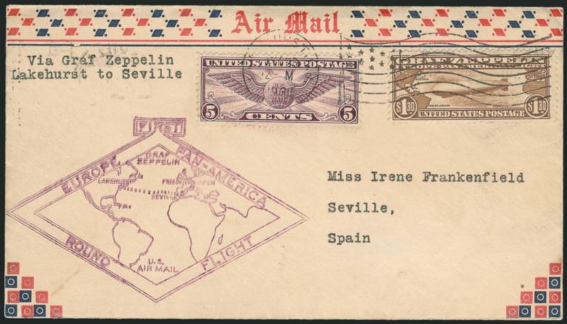 $1.30 Graf Zeppelin (C14).> Used with No. C12, tied by Lakehurst N.J. May 30, 1930 waving flag machine cancel on flown cacheted cover for the Lakehurst to Seville, Spain, leg of the flight, attractive printed
red and blue cover border, Very Fine