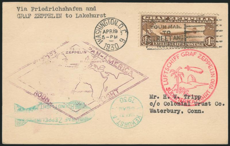 $1.30 Graf Zeppelin (C14).> Tied by Washington D.C. Apr. 19, 1930 <First Day> slogan machine cancel on cacheted flown card, Very Fine and choice