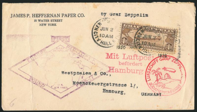 $1.30 Graf Zeppelin (C14).> Tied by two strikes of New York City Hall Sta. Jun. 2, 1930 duplex on cacheted cover <to Hamburg, Germany,> with Friedrichschafen backstamp, some toned spots around stamp and on
cover, some wear, otherwise Fine, scarce f