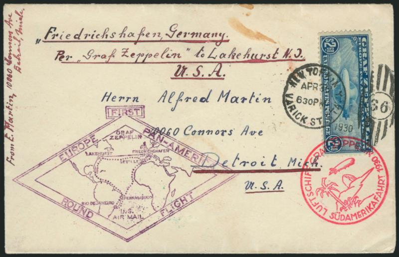 $1.30-$2.60 Graf Zeppelin (C14-C15).> First tied by Lancaster Pa. May 31, 1930 circular datestamp on cacheted flight cover, used on the return flight to Seville, Spain (these covers did not receive the red
circular South America Flight cachet), Sev