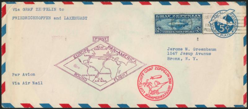 $2.60 Graf Zeppelin (C15).> Tied by Varick St. Sta. N.Y. Apr. 29, 1930 slogan machine cancel on large-size red and blue border 5c Blue Air Post entire, red and purple flight cachets, blue green May 31, 1930
Lakehurst, N.J. Zeppelin receiver on back,