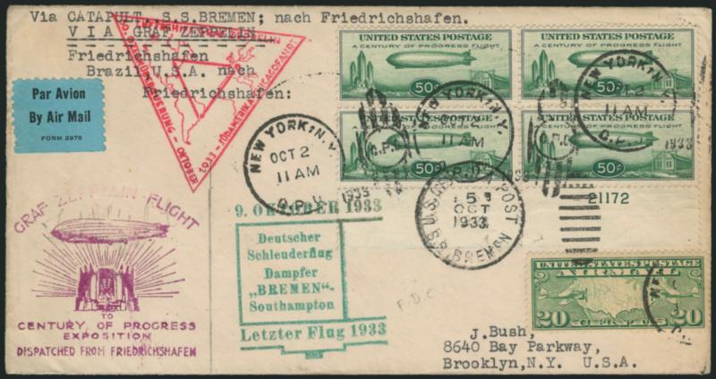 50c Chicago Zeppelin (C18).> Block of four with plate no. 21172, tied by New York N.Y. G.P.O. Oct. 2 1933 <First Day> grid duplex circular datestamps and <U.S. German Sea Post S.S. Bremen 5 Oct. 1933 and oval
grid duplex,> used with 20c Map No. C9 (a