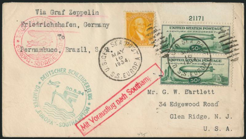 50c Chicago Zeppelin (C18).> Five covers, incl. Miami Oct. 6, 1933 <First Day> with faint Century of Progress cachet, MISSENT (did not make the flight, instead <went by train>, Ashfork & Los Ang. R.P.O. W.D.
Tr.7 circular datestamp) to Los Angeles,