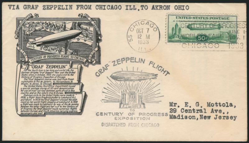 50c Chicago Zeppelin (C18).> Three flown <First Day Covers,> New York, Miami and Chicago, usual handstamped cachets and <all with Anderson printed cachets> (Planty C18-4), different legs of the flight, same
addressee, Fine-Very Fine