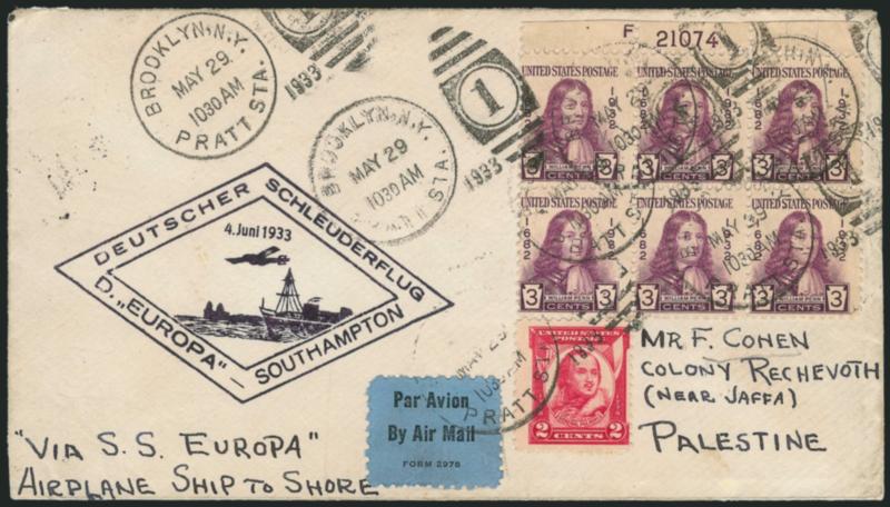 Flight Covers.> Three, incl. 2c Pulaski and plate no. block of six of 3c Penn tied on May 29, 1933 <Cacheted Europa Catapult cover to Palestine> (also photo picture post card of plane catapulting from the
Bremen), June 1933 cover franked with 1c