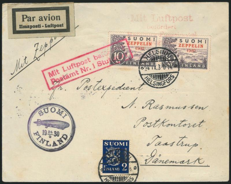 Finland, 1930, 10m Zeppelin 1930 Ovpt. (C1).> Horizontal pair plus additional 2m Regular Issue tied by bold Helsinki Helsingfors Sept. 24, 1930 circular datestamp, Zeppelin pair additionally tied by two and
four line Mit Luftpost etc. in magenta