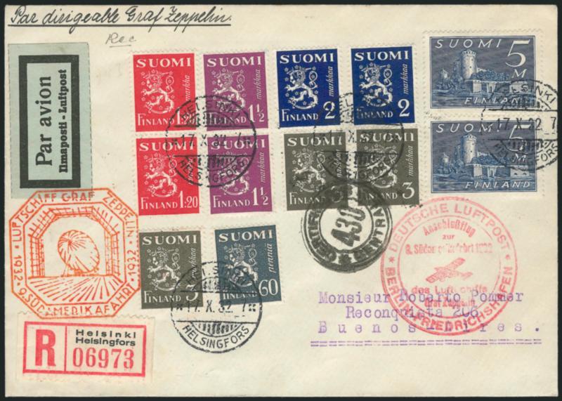 1932, October 24-November 9th South America Flight, Finland to Buenos Aires (Sieger 195),> Twelve stamps (six different) totaling 29m postage on registered cacheted cover tied by Helsinki Helsingfors Oct. 17
1932 circular datestamps, red Berlin conne