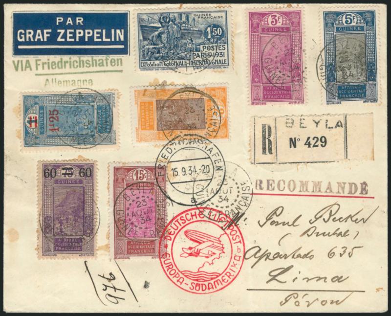 French Guinea Zeppelin Cover.> Seven different pictorials tied by Beyla Guinee Francais Aug. 23, 1934 double-circle datestamps and Friedrichshafen Sep. 15, 1934 double-circle on registered cover to Peru,
embossed Par Graf Zeppelin corner card, seve